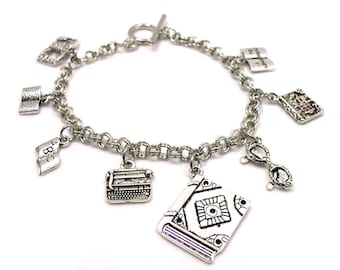 Book Lover Charm Bracelet, Book Charm Bracelet, Writer Charm Bracelet, Author Charm Bracelet, Book Club Bracelet, Librarian Charm, Reading