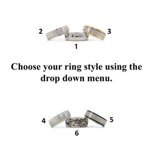 Op de afbeelding: Zes verschillende stijlen van trouwringen voor mannen. De ringen zijn gemaakt van zilver, goud en zwart metaal. De ringen zijn genummerd van 1 tot en met 6.