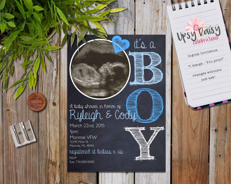 Ultrasound Baby Shower Invitation Chalkboard Rustic Boy Photo Invite Jpeg I Design You Print