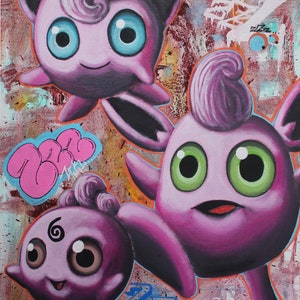 May include: Three purple cartoon characters with large eyes and pink noses. The characters are on a colorful background with pink, blue, and orange paint splatters. The characters are all sleeping and have the words "ZZZ" written in blue next to them.