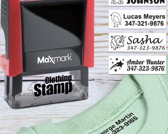 Carimbo de roupa personalizado: nome personalizado, muitas fontes e ícones