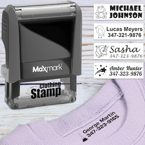 Sello de ropa personalizado - Sello de nombre personalizado para niños - Elija entre muchas fuentes e íconos - Estuche gris - Perfecto para ropa, campamentos y más