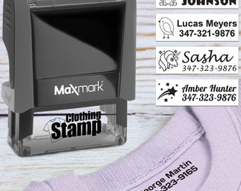 Carimbo de roupa personalizado: nome personalizado, muitas fontes e ícones