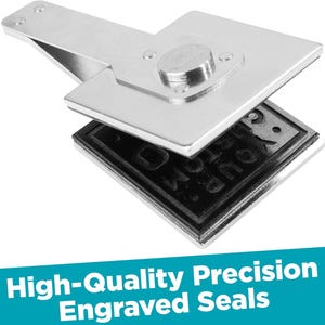 May include: A silver metal stamp with a rectangular base and a hinged handle. The stamp has a black, engraved surface with text. The image also includes the text "High-Quality Precision Engraved Seals" in a teal banner.