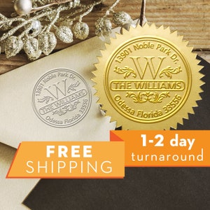 Custom Monogram Address Embosser - Personalized Round Seal with 50 Seal labels - Style EM004