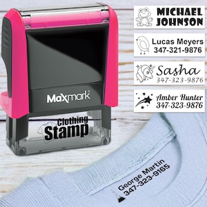 Sello de ropa personalizado - Sello de nombre personalizado para niños - Elija entre muchas fuentes e íconos - Estuche rosa - Perfecto para ropa, campamentos y más