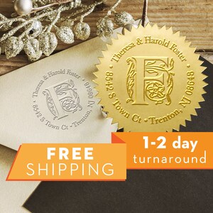 Benutzerdefinierte Monogramm-Adressstempel - personalisiertes rundes Siegel mit 50 Siegeletiketten - Stil EM018