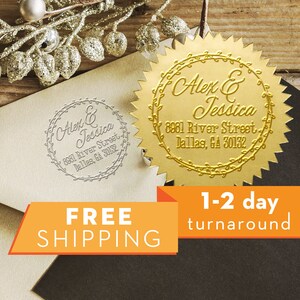 Custom Monogram Address Embosser - Personalized Round Seal with 50 Seal labels - Style EM032