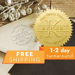 Benutzerdefinierte Monogramm-Adressstempel - personalisiertes rundes Siegel mit 50 Siegeletiketten - Stil EM022