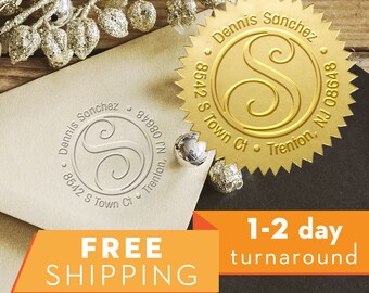 Benutzerdefinierte Monogramm-Adressstempel - personalisiertes rundes Siegel mit 50 Siegeletiketten - Stil EM016