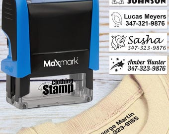 Carimbo de roupa personalizado: nome personalizado, muitas fontes e ícones