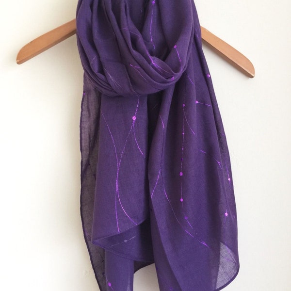 Ladies Purple Scarf with Purple Metallic  Swirl and Dot Abstract Print Ladies Scarf Women's Scarves Wraps