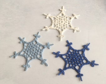 Crochet snowflake set in blues. Three snowflake tree decorations. Snowflake Christmas decor.