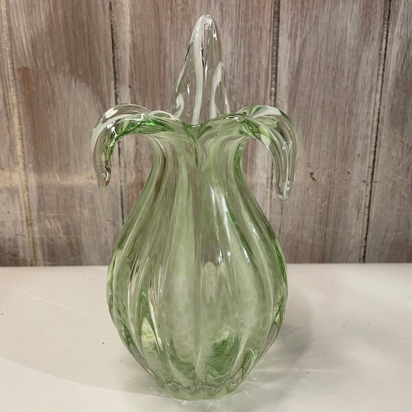 Vintage Art Glass Vase, Light Green with White Striations, Hand Blown Flower Vase, So Pretty! Fleur-de-lis, Mid Century Modern