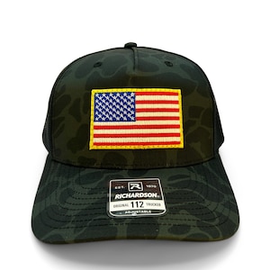 Embroidered USA Flag Patch Hat: Richardson 112 Duck Camo Snapback