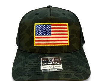 Embroidered USA Flag Patch Hat: Richardson 112 Duck Camo Snapback