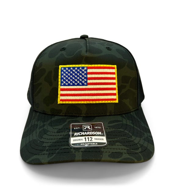 Embroidered USA Flag Patch Hat: Richardson 112 Duck Camo  display picture 2