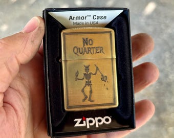 Blackbeard’s Flag Zippo Lighter | No Quarter | Brass Armor| Custom Engraved | Made in USA | Pirate Lighter | Edward Teach Zippo