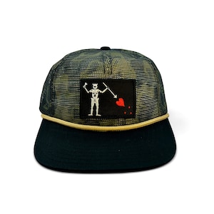 Blackbeard’s Flag Patch Hat – SoBro All Mesh Rope Hat Black Camo | Jolly Roger Pirate Trucker Cap | Made in USA