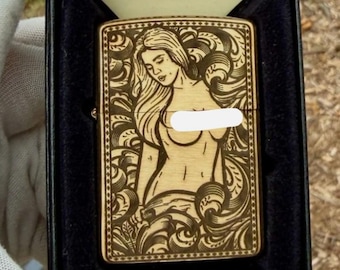 Encendedor Zippo de latón con diseño de chica pin-up grabado / Grabado en 5 lados / Encendedor coleccionable fabricado en EE. UU. / Estilo vintage