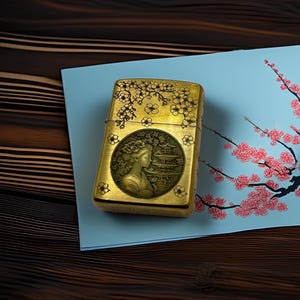 Brass Armor Zippo | Custom Engraved Geisha & Cherry Blossom Lighter | Made in USA