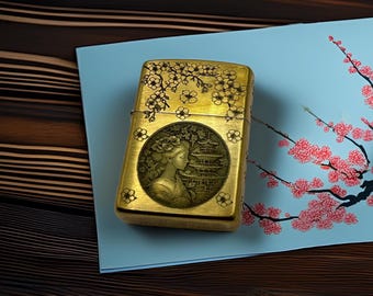 Brass Armor Zippo | Custom Engraved Geisha & Cherry Blossom Lighter | Made in USA
