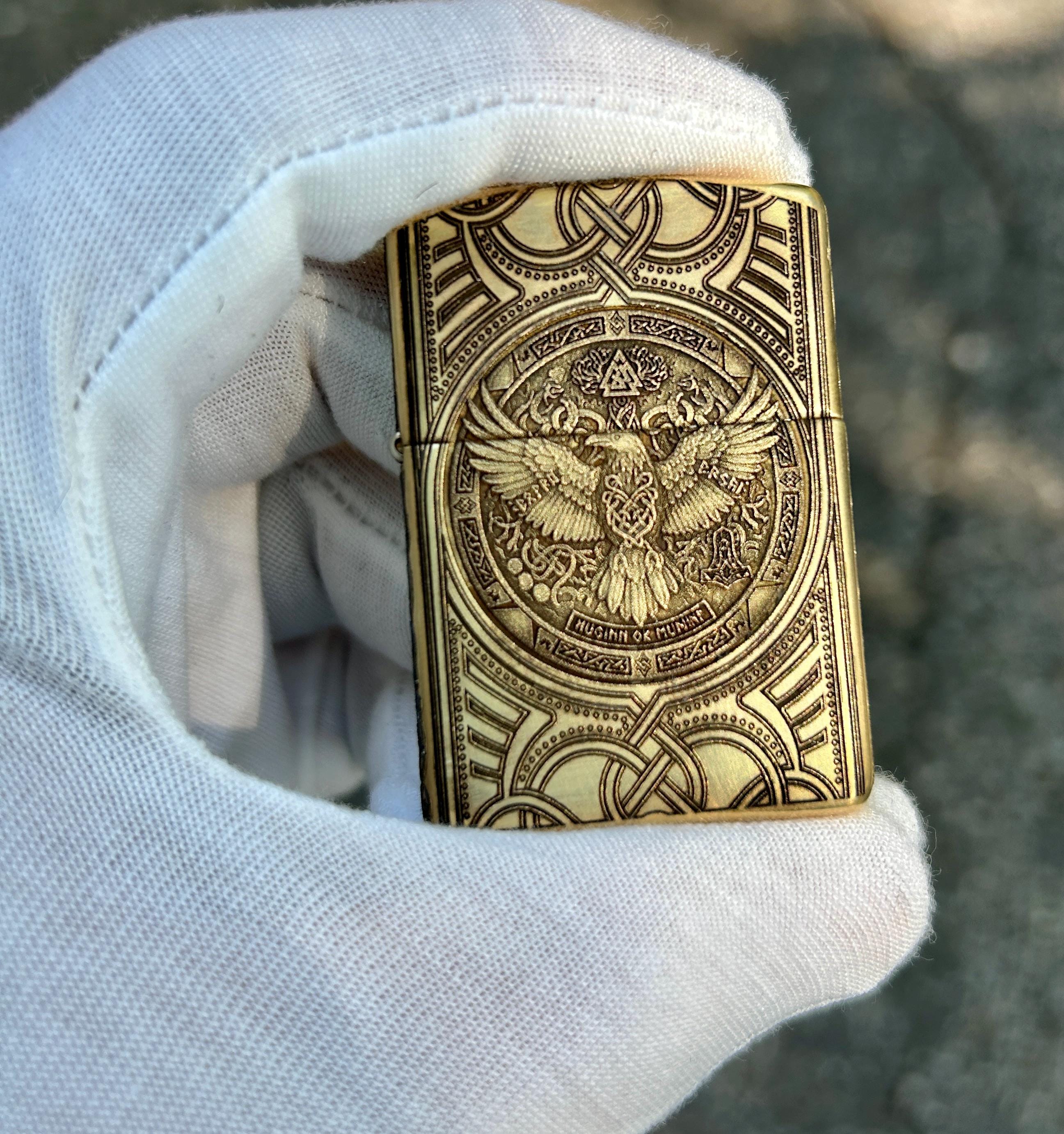 Custom Brass Zippo Armor Case | Thor's Hammer With Huginn & Muninn