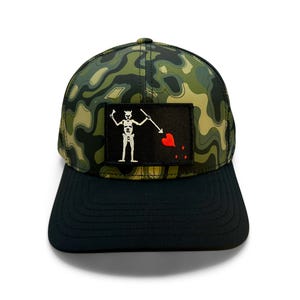 Blackbeard’s Flag Patch Hat – Sobro Waterwood Black & Camo | Edward Teach Pirate Trucker Hat | Performance Mesh | Made in USA