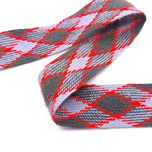 Gewebte Tartan Borte in rot mit Grautönen klassisch minimalistisch, Borte zum Upcycle von Kleidung Taschen Hosen, 70er Jahre Tartan Borte für Kunsthandwerk
