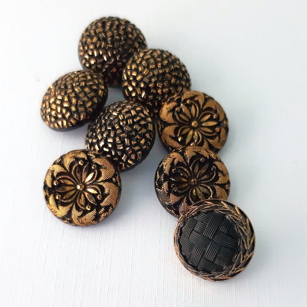 Gold luster vintage Czech glass buttons, made to look like threads and beads, various gold on black, for crafting, dressmaking, 8 in 19 mm