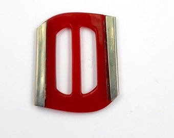 Chrome and red Art deco buckle irregular design 4.8 cm x 3.9 cm