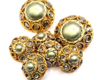 Green gray pearl and gray rhinestones set in gold metal vintage buttons, vintage sew, jewelry repurpose 2 large and 5 smaller