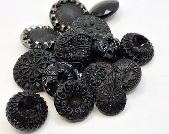 Black intricate design 15 mixed lot vintage buttons various sizes and patterns, neo Victorian goth historical sewing crafts cosplay costume