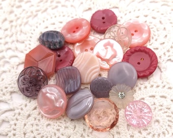 Pink & purple 20 vintage assorted buttons for crafts, clothing upcycle embellishment, card making, journals or jewelry
