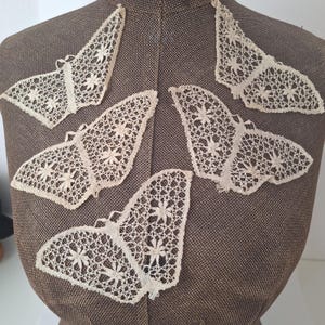 Puede incluir: Varias aplicaciones de mariposas de encaje blanco roto con detalles florales se muestran en un maniquí marrón. El delicado encaje presenta un diseño calado, con cada forma de mariposa que muestra patrones y texturas intrincados. Las aplicaciones están dispuestas.