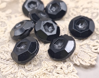 Black glass buttons old stock 1920's waistcoat/shirt facet cut with hexagons 14 mm set of 8