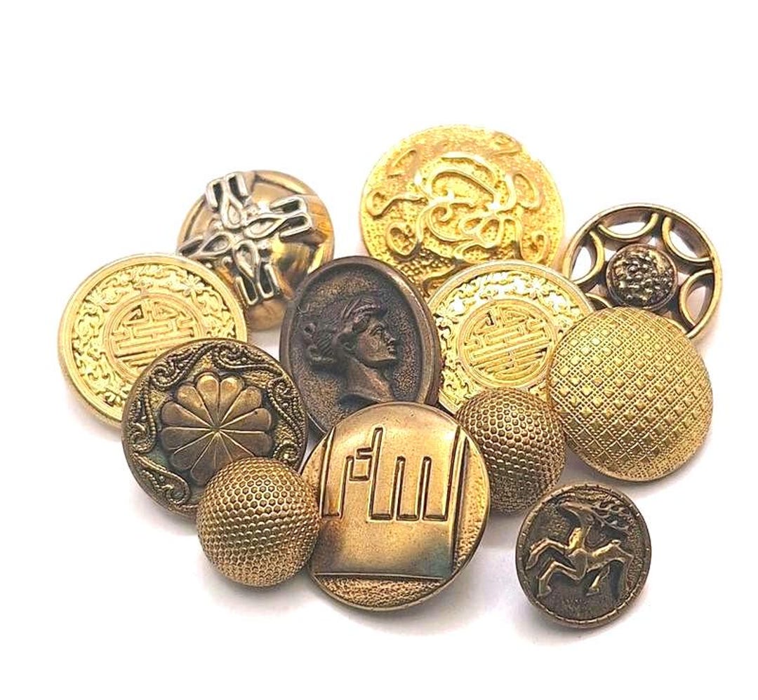 Brass and Metal-look Buttons Mixed Lot of 12 Embossed and Stamped ...