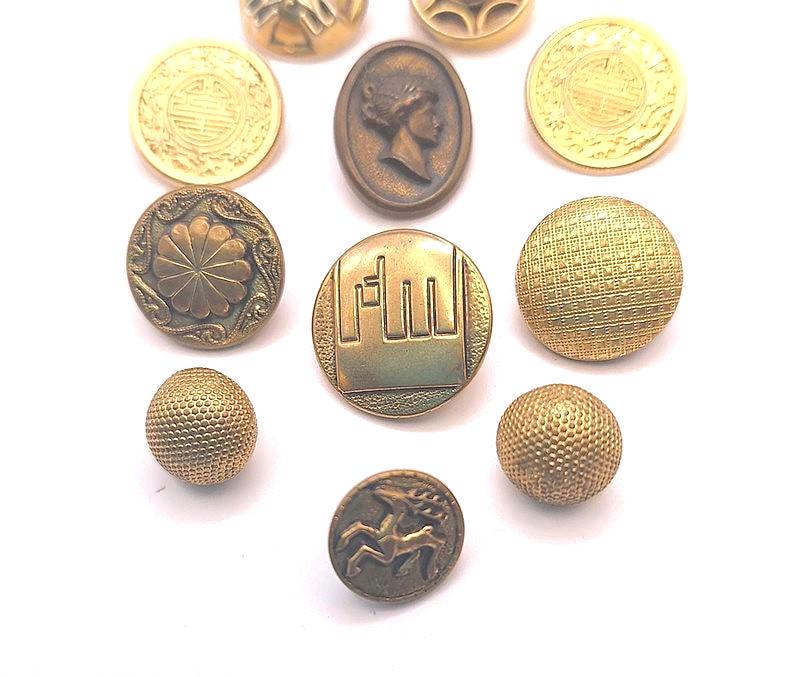 Brass and Metal-look Buttons Mixed Lot of 12 Embossed and Stamped ...