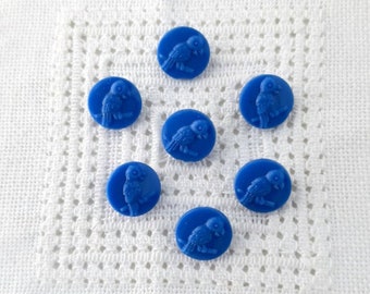 Teeny tiny blue parrot glass buttons, children buttons, childs knitwear, dolls, dollmaking 11.5 mm set of 7