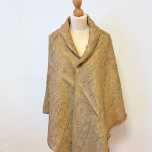 Woven silk paisley pattern shawl or wrap vintage Mulberry Company 1980s pastel pink beige and soft green colours 160 x 152 cm 63 x60 inches