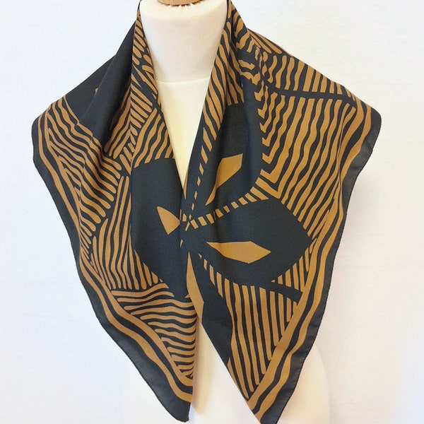 Black with caramel lines abstract graphic design vintage printed square scarf, leaves and lines modern, gift for him or her, 77 cm square