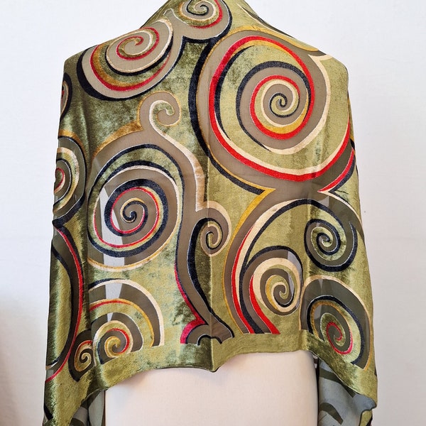 90年代の大きなベルベットスカーフ、緑色、色彩豊かな螺旋模様、カットベルベット、シルク、ビスコースのロングスカーフ、ユニセックス、アート＆クラフト、ボヘミアン抽象