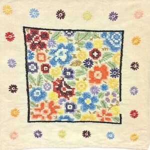 Art déco-blommor i korsstygn på linnetyg (38 x 38 cm) 1940-tal för cottagecore-projekt, kudd-/väsktillverkning
