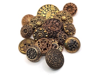 Filigree and embossed mixed lot 16 decorative gold color metal and metal look buttons for button and jewelry crafts, scrapbook journal