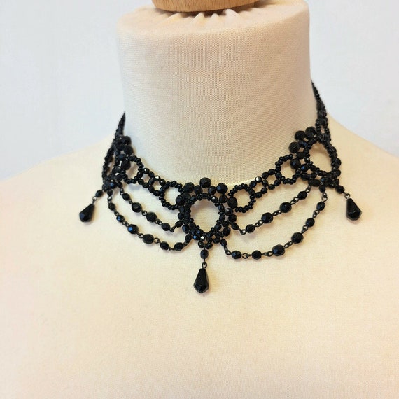 Victorian Romantic Goth black glass and wire bead… - image 4