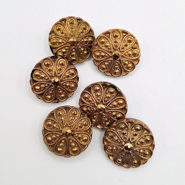 Intricate Renaissance style gold luster Czech glass buttons, historical sewing cosplay, 1940s original buttons gold marcasite 18 mm set of 6