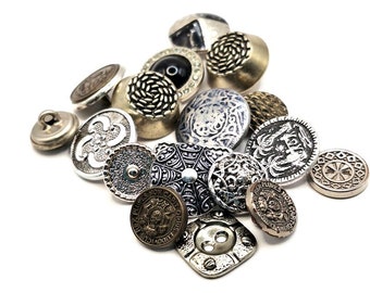 Mixed lot 18 vintage silver color metal and metal look buttons for crafts in assorted styles from various periods, button crafts jewelry