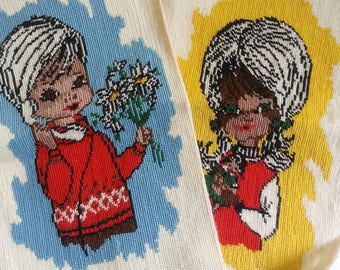 Sixties children needlepoint tapestries, cute kids in sixties fashion