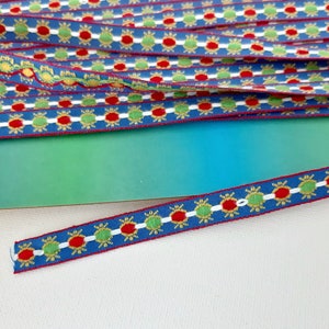 1970&#39;s blue ribbon trim, embroidered with dots red white and green, vintage sewing, seventies clothes, trim craft,priced per meter 1 cm wide