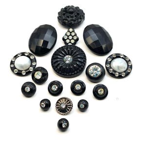 Black With Rhinestone Mixed Lot of 17 Vintage Buttons in Various Styles ...